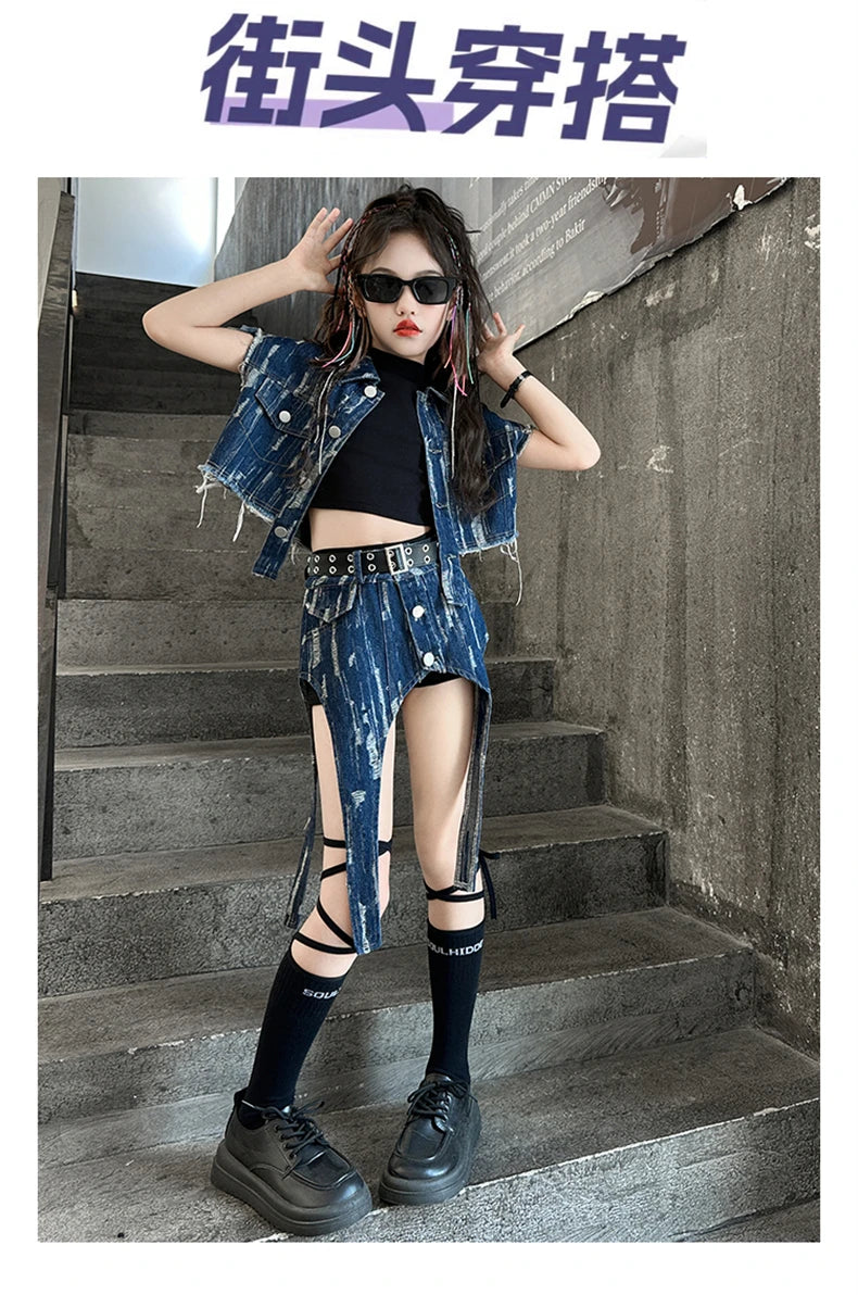 junior Girls Street Jazz Dance Set short denim vest jacket+Irregular skirt black top shorts belt teen girls clothes suit outfits