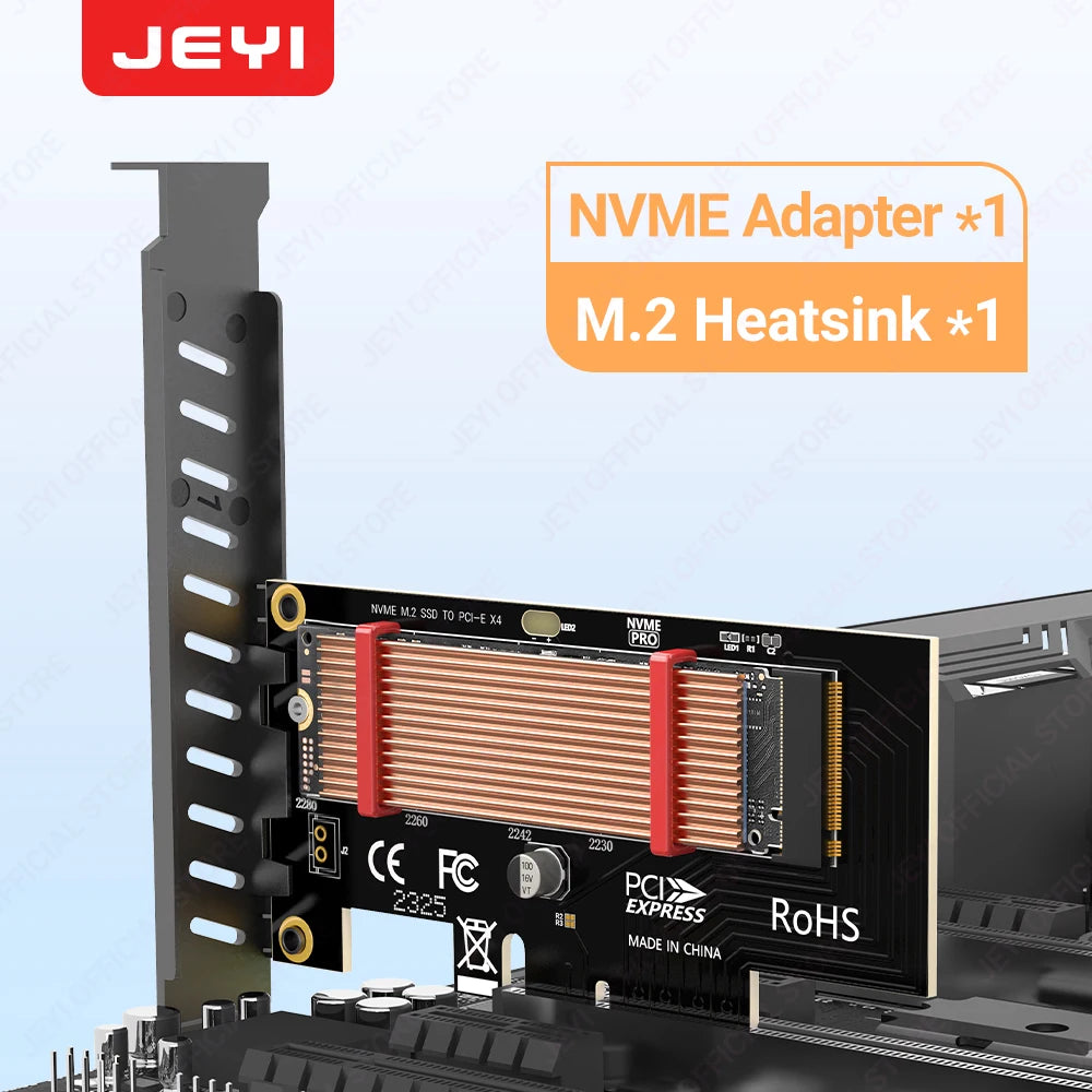 JEYI PCIe to NVMe Adapter With Aluminum SSD Heatsink Cooler, 64Gbps M.2 ssd PCIe 4.0 X4 X8 X16 Expansion Card for Desktop