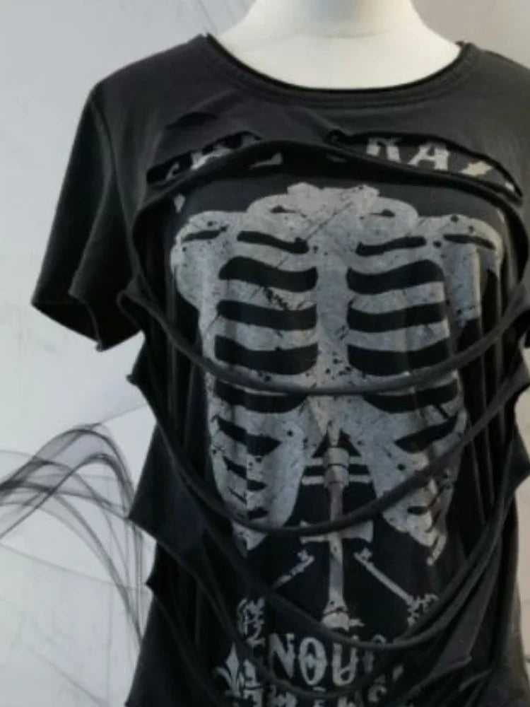 American Vintage Fake Two Pieces T-Shirt Women Streetwear Hip Hop Gothic Harajuku Grunge Y2k Crop Tops Black Skull Punk Tees