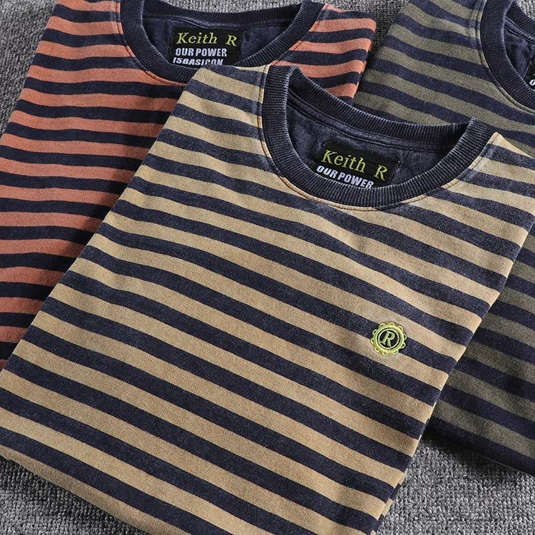 Retro and Aged Casual Short-sleeved T-shirt, High-quality Men's Striped Cotton T-shirt, Sweat-absorbing & Breathable Sports Top