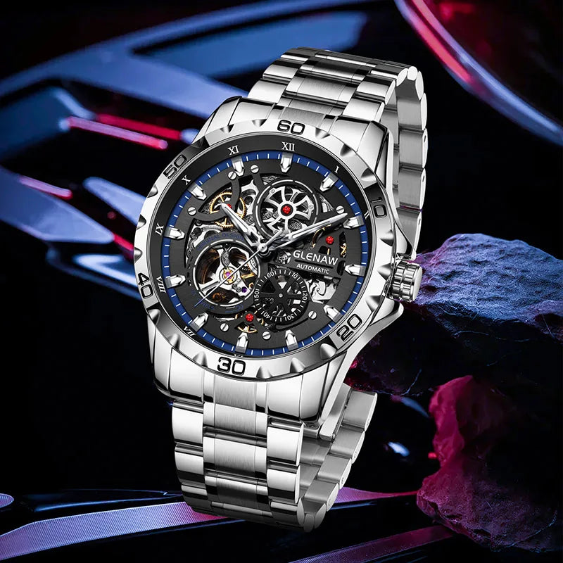 2025 GLENAW NEW Steampunk Skeleton Men Watch Luxury Automatic Mechanical Watches Luminous waterproof Stainless Steel Strap Watch
