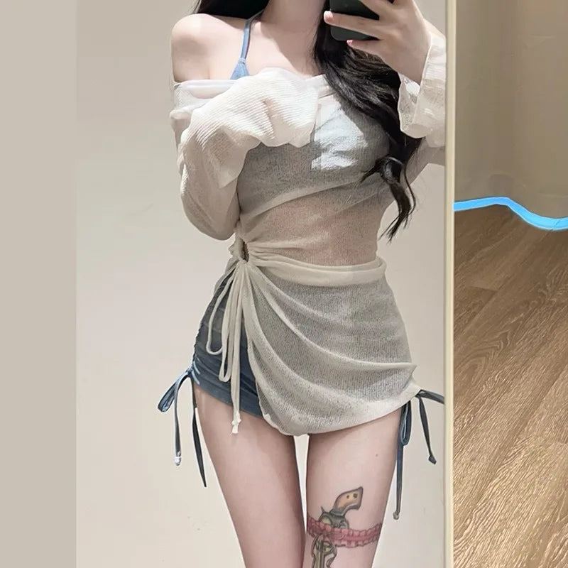 Vacation American Sexy Tie Dye Blue Sports Split Flat Angle Bikini Cover Three Piece Set Hot Spring Vacation Swimsuit for Women