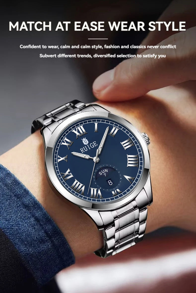 RUIGE hollowed out weekly calendar men's fully automatic mechanical watch stainless steel men's luminous waterproof watch