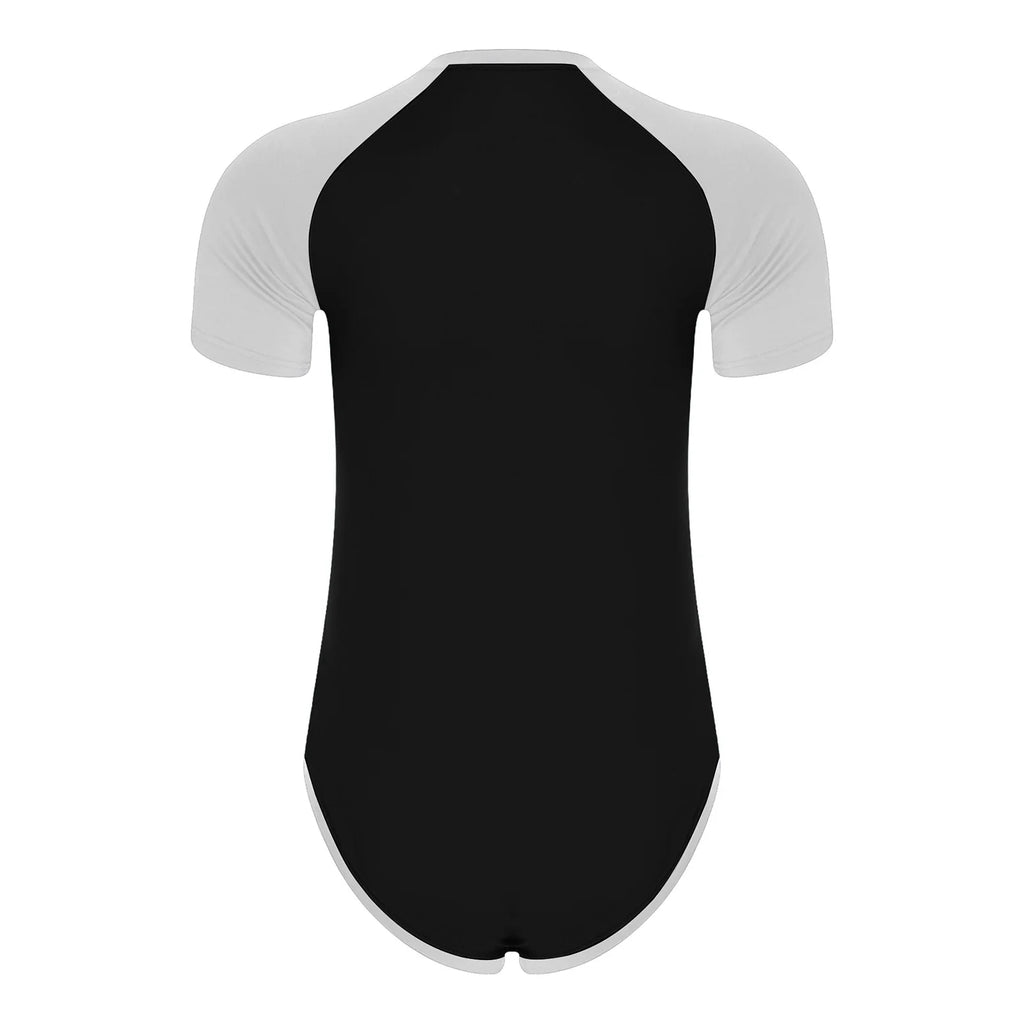 Men Workout Fitness Gym Sport Bodysuit Short Sleeve Openable Crotch Patchwork Jumpsuit for Workout Gym Sports Swimming Outfits