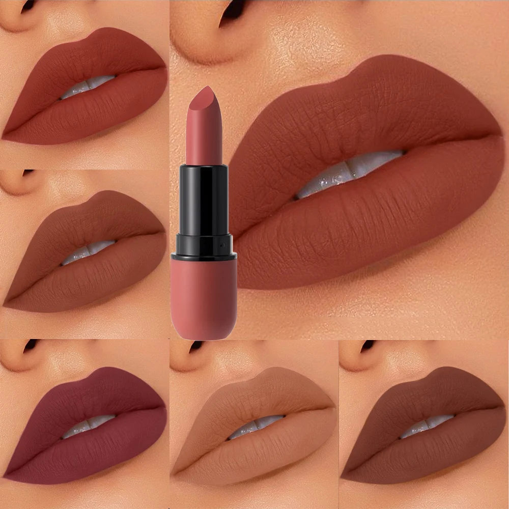 6 Colors Sexy Matte Lipstick Waterproof Long Lasting Color Rendering Non-stick Nude Brown Lipstick Pencil Woman Makeup Cosmetics