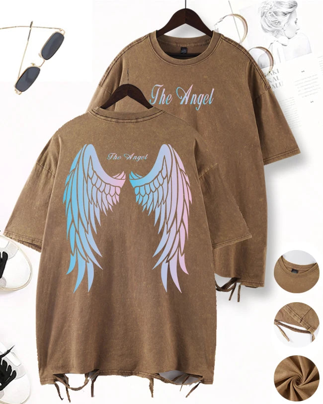 Gradient Wings Design Washed Holes T-Shirt Men Sport Cool Short Sleeve Breathable Cotton O-Neck Top Casual Unisex Loose Clothes