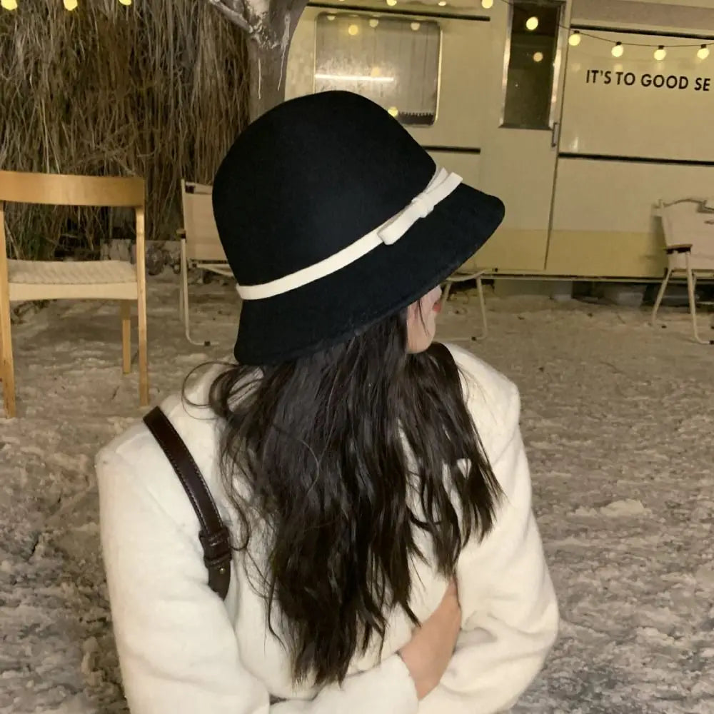 Retro Hepburnesque Felt Formal Hat Panama Cap Wealthy Heiress Style Bowknot Bucket Hat British Style Travel