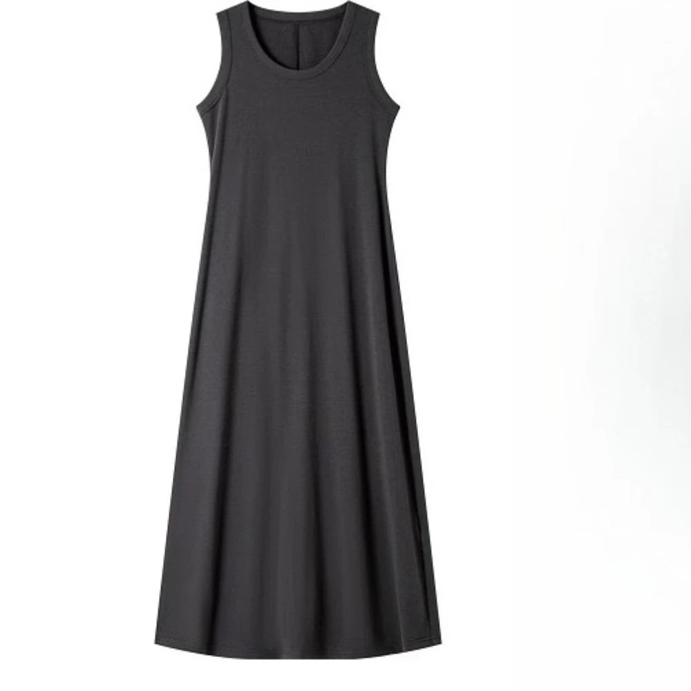 VIMLY Summer Tank Dresses 2026 Woman Simple Gray Cotton Blend Knitted Loose Sleeveless A Line Long Dress Women's Clothing M9852