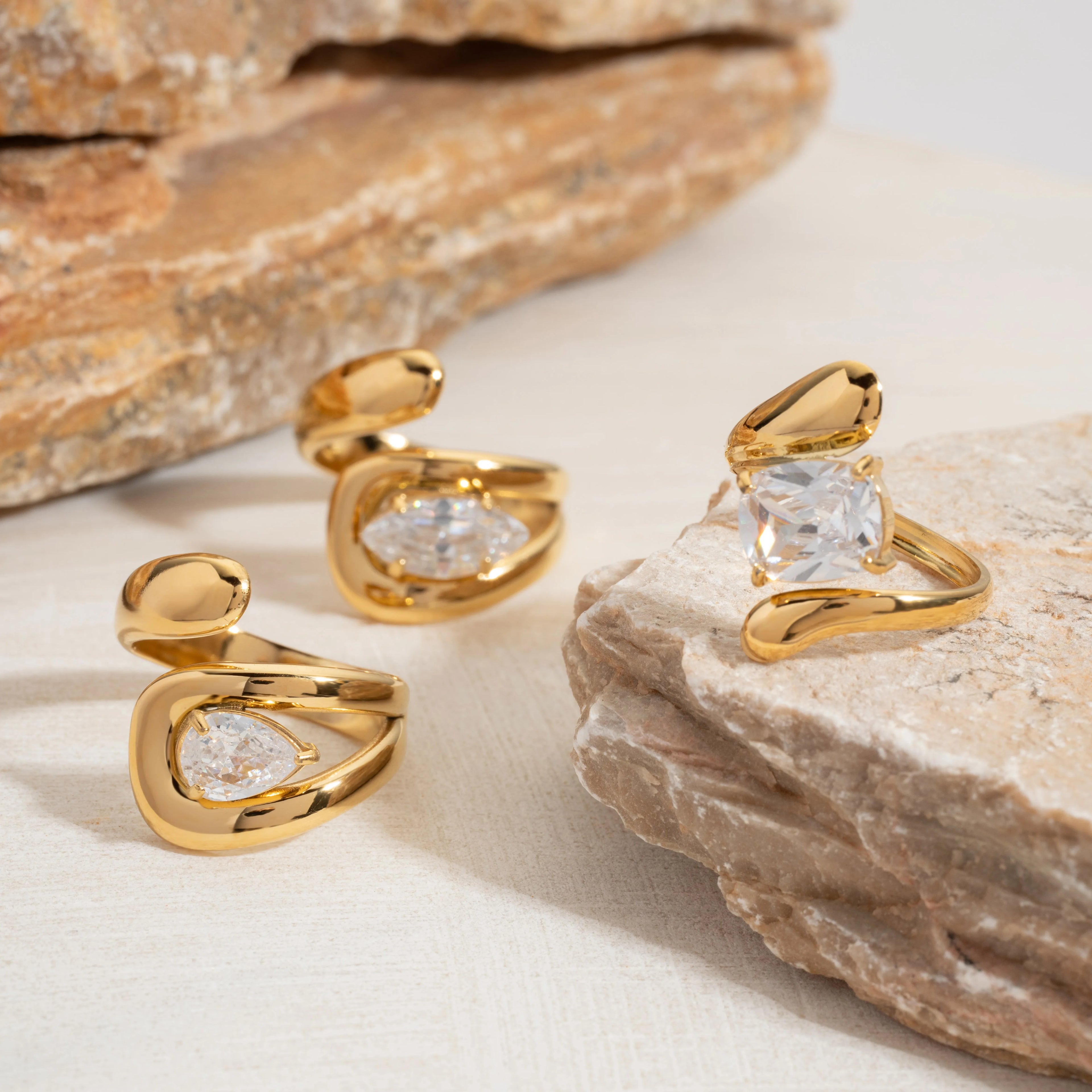 18K Gold Plated Stainless Steel Water Drop Shaped Large Zircon Opening Ring Anti Allergic Women Waterproof Statement Jewelry