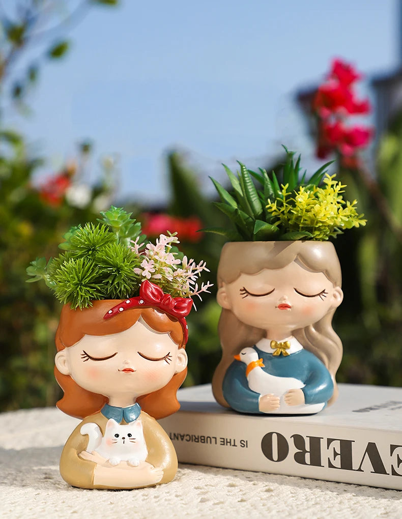 Cute Girl Flower Pot for Succulents, Decorative Planters Girls Portrait Garden Pots for Home Decor Desktop Ornament