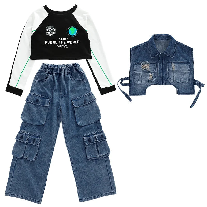 junior girls Hip hop Street Dance Jazz Clothes Set Vest Short hoodie Cagro Pants (short) Streetwear junior Child Kid outfits 170