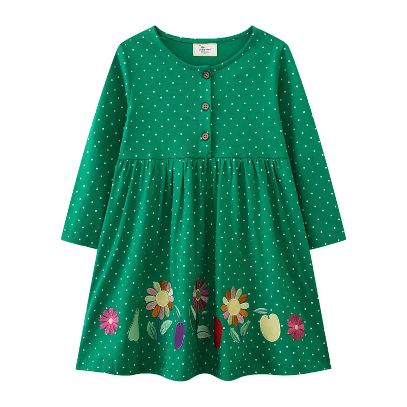 Jumping Meters 2-7T Princess Girls Dresses Buttons Hot Selling Long Sleeve Animals Baby Girls Clothes Party Kids Frocks Costume