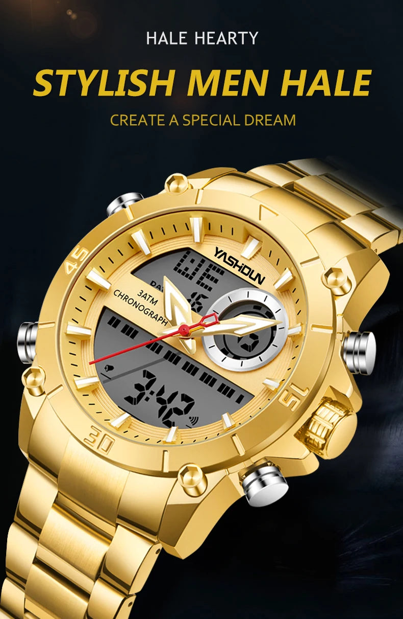Multi-functional sports men's watch with dual movement electronic steel band luminous waterproof quartz wristwatch