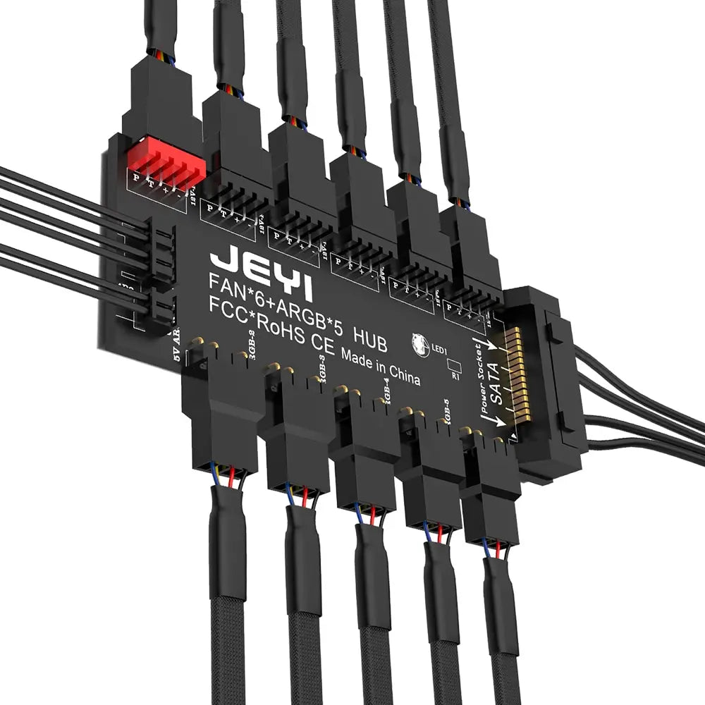 JEYI 4Pin PWM & 5V 3Pin ARGB with SATA 15Pin Power 5 Way Sync Fan Hub CPU Cooling Fan Addressable RGB Lighting PCB Splitter