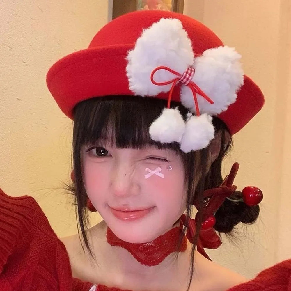 Top Hat Vintage Looking Red Bowler Hats Japanese Style Beret Woolen Bucket Cap Versatile Girls Dome Hat Winter
