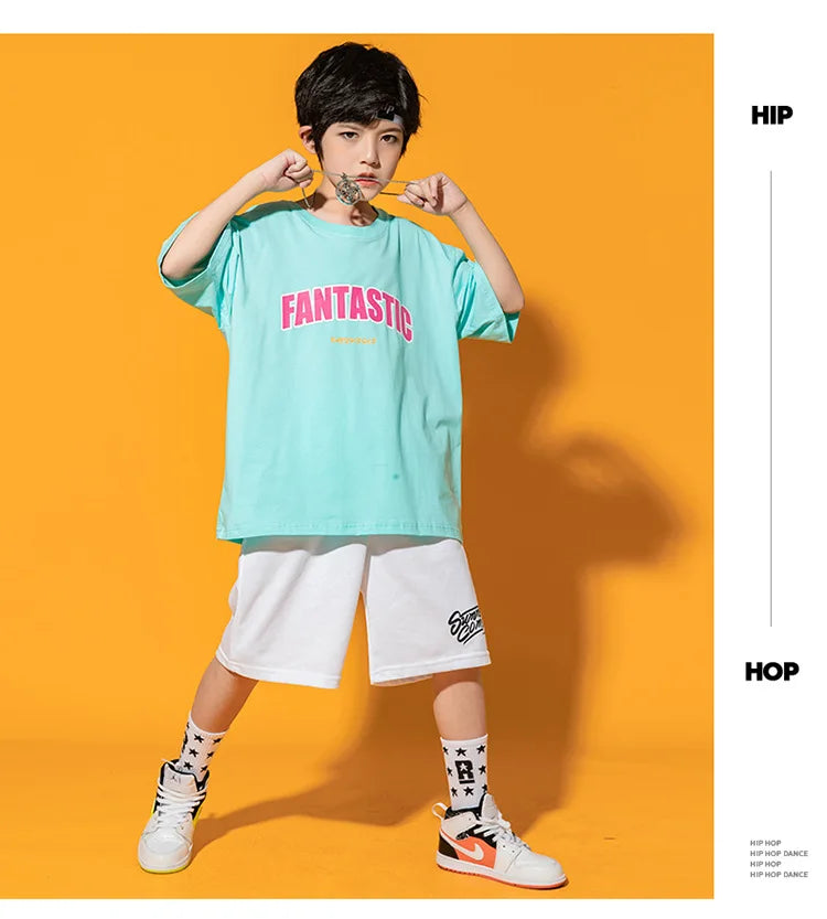 Boys Street Dance Blue T-shirt Shorts Girls Hip Hop Crop Top Skirt Outfits Kids Summer Costume Clothes Sets Children Streetwear