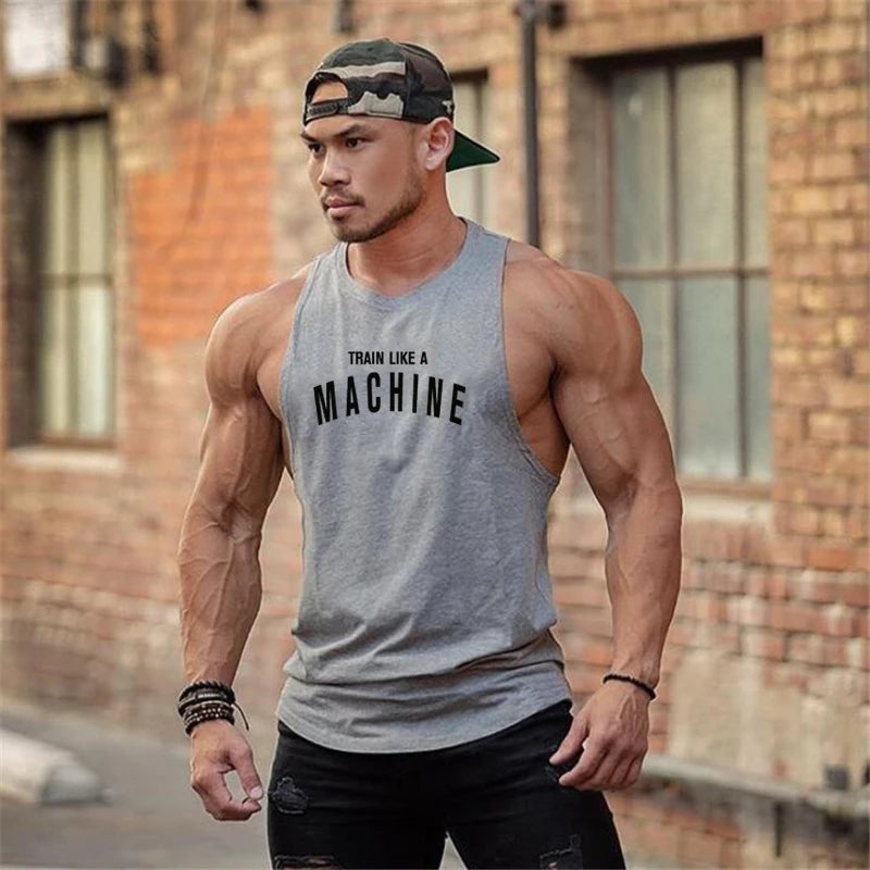 TRAIN LIKE A MACHINE Cotton Bodybuilding Tank Top Mens Workout Singlets Fitness Stringer Clothing  Sleeveless Men's casual vest
