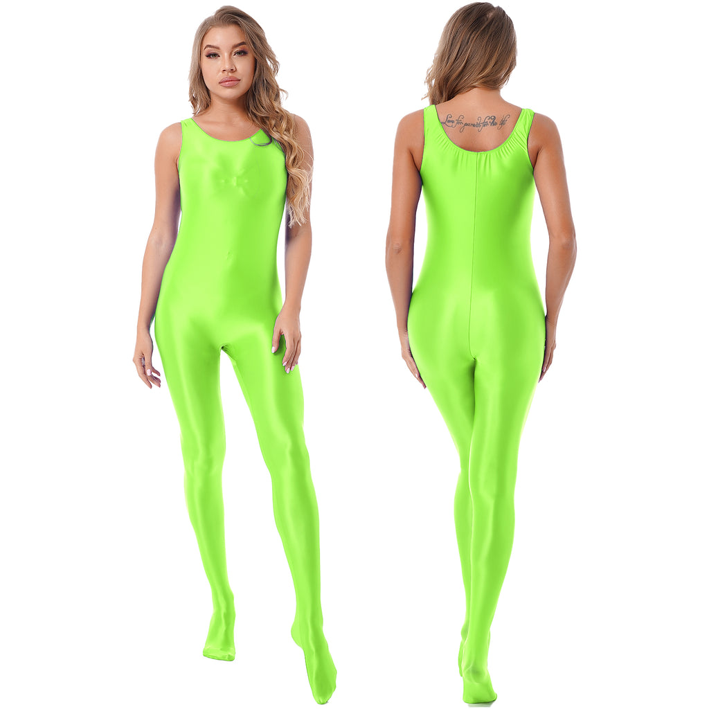 Women's Sleeveless Full Body Bodysuit Glossy Jumpsuit Gymnastics Fitness Swimming Leotard Pole Dance Costume Clubwear Lingerie
