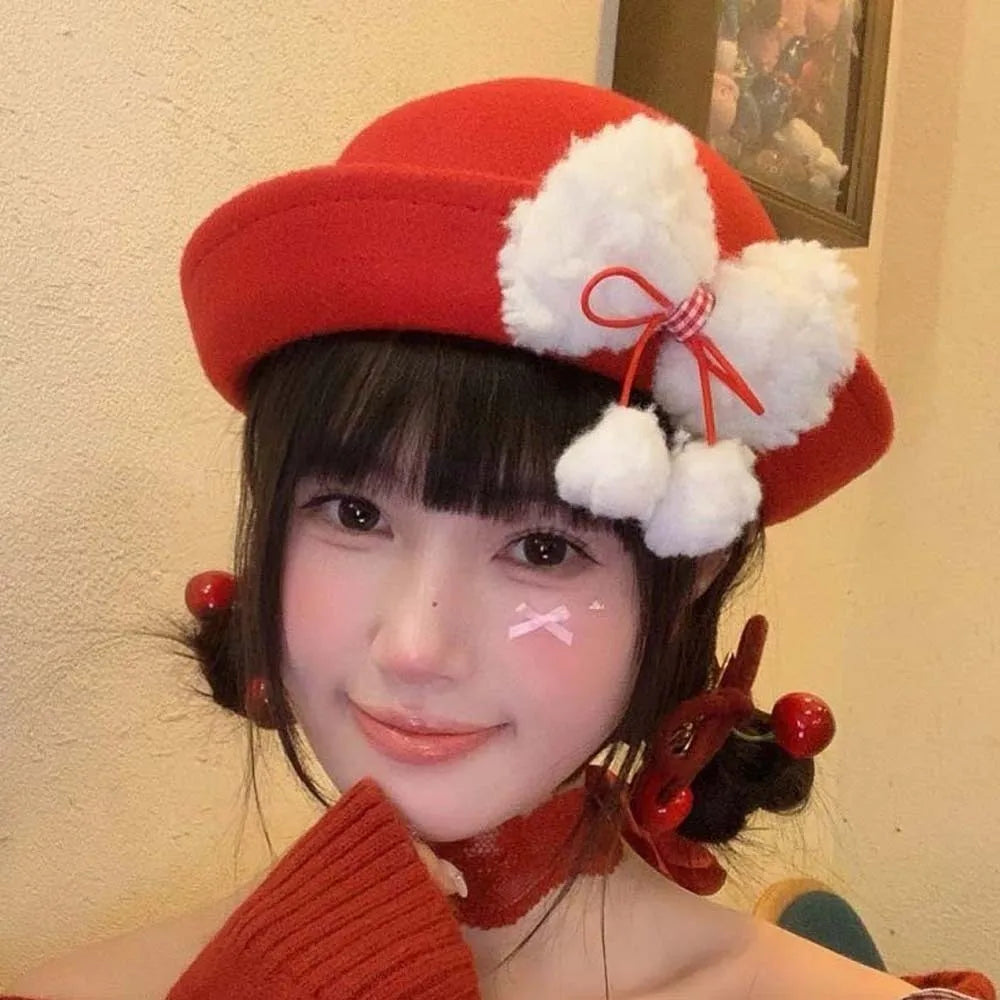 Top Hat Vintage Looking Red Bowler Hats Beret Japanese Style Woolen Bucket Cap Versatile Bow Girls Dome Hat Performances