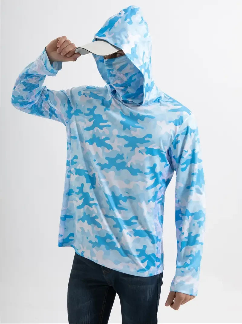 2024 Hooded Face Mask Sun Protection UV Protection Grey camouflage Long Sleeved Hiking Sportswear Fishing Suit