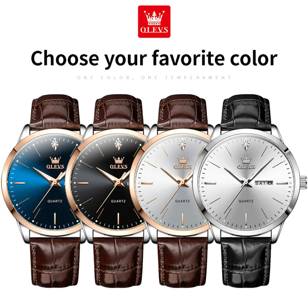 OLEVS 2935 Original Business Men Watch Leather Strap Trend Week Calendar Quartz Watch Luminous Waterproof 43mm Dial wristwatch