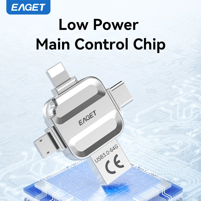 EAGET 4-in-1 OTG USB 3.0 Flash Drive[32GB/64GB/128GB/256GB] Type C Lightning Micro USB for iPhone Android, Memory Stick - i71