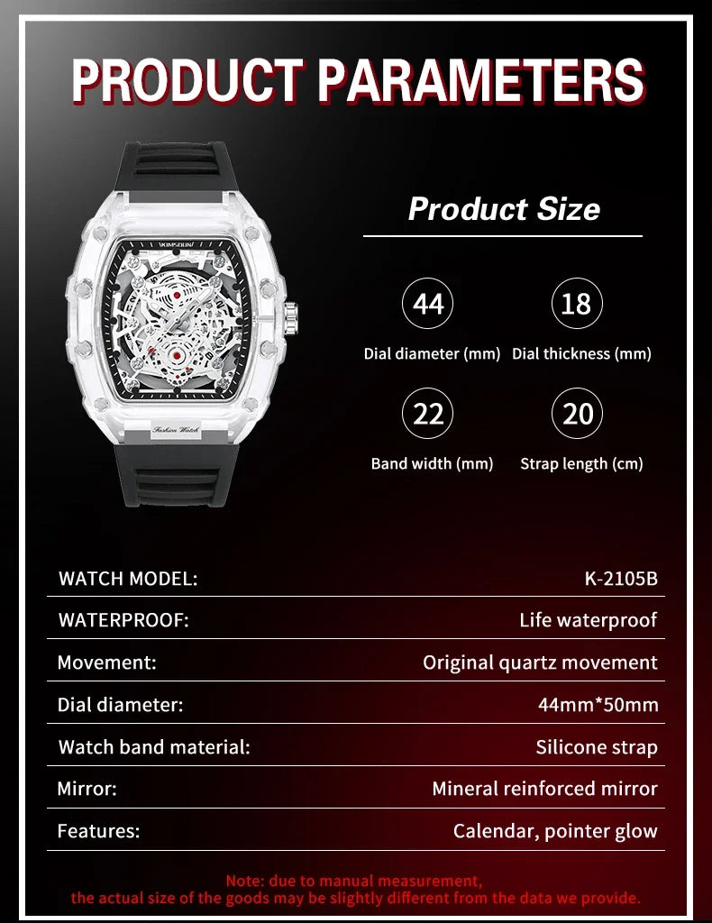 Fashionable Casual Men's Watch Luminous Calendar Function Silicone Strap Tonneau Shaped Transparent Case Men Quartz Watch Reloj