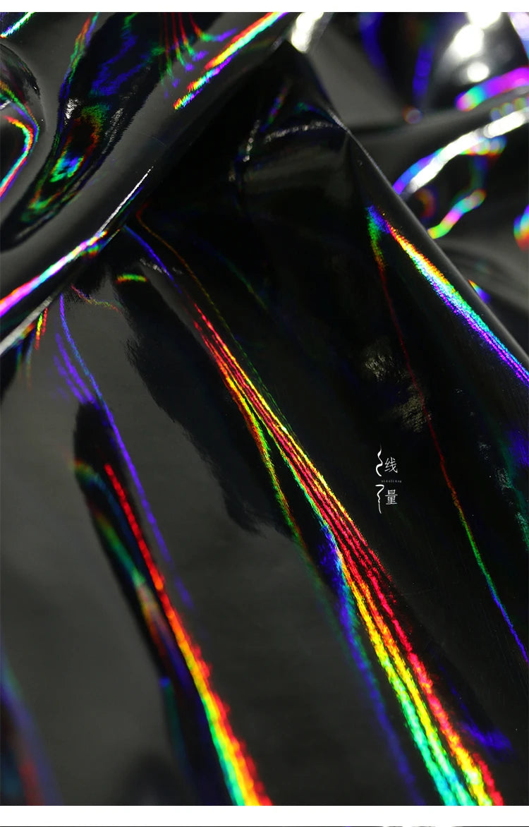Black Iridescent Synthetic Leather Fabric Technology Oriented Micro Elastic TPU Fabrics Clothing Designer Cloth for Diy Sewing