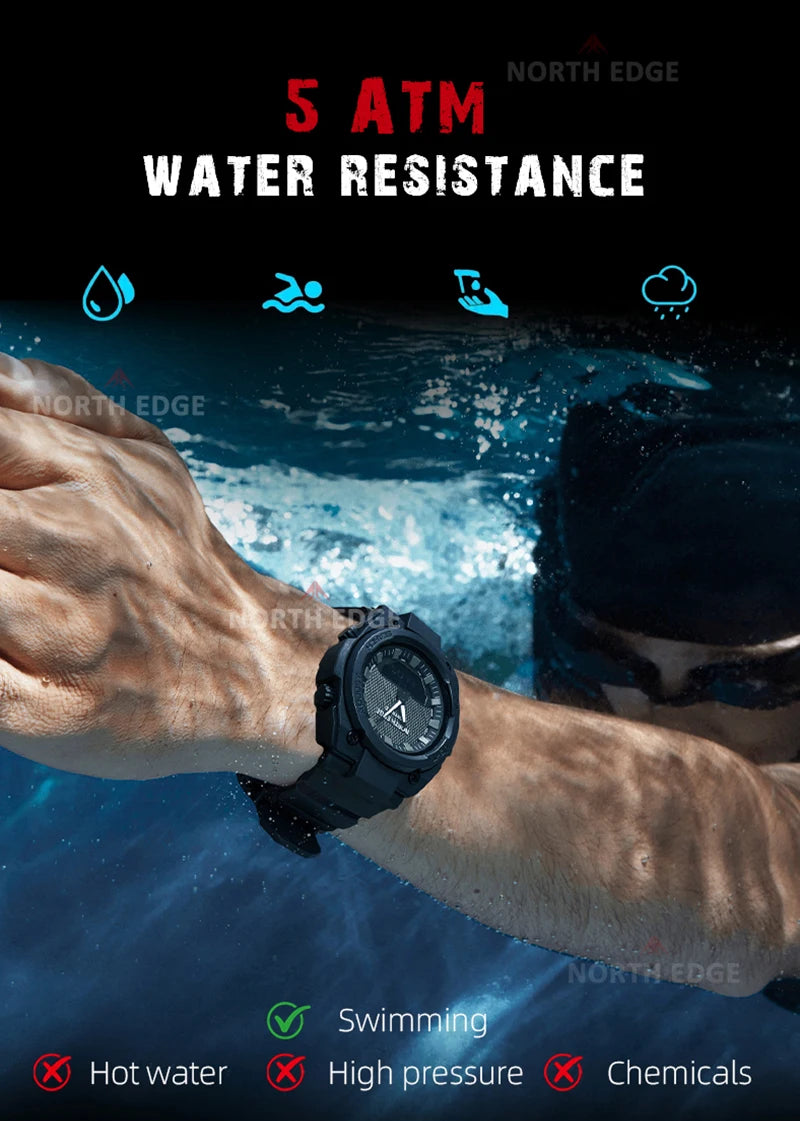NORTH EDGE FORTRESS Men's Sports Watches Stopwatch Men's Digital Watches World Time Wristwatch relógios masculino Waterproof 50M