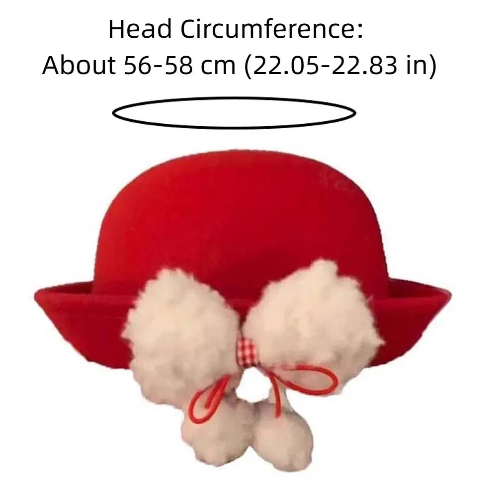 Top Hat Vintage Looking Red Bowler Hats Beret Japanese Style Woolen Bucket Cap Versatile Bow Girls Dome Hat Performances
