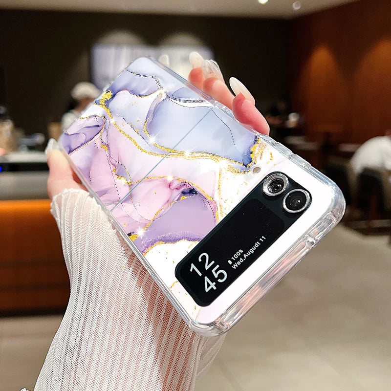 For Samsung Galaxy Z Flip 7 6 5 4 3 Case Watercolor Marble Pattern Hard Clear Folding Cover For Samsung Z Flip6 Flip5 Flip7