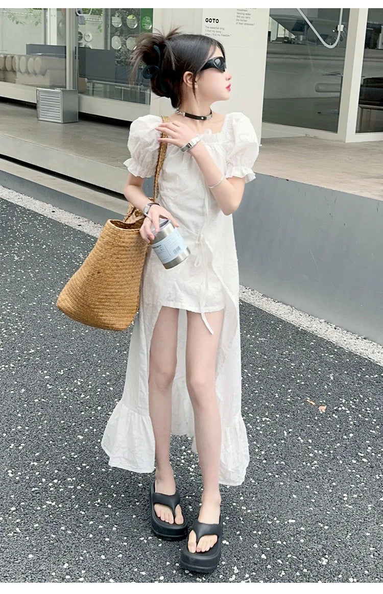 junior girls 2024 French Square Neck White Short Sleeve Dress Puff Sleeve Ruffle Long Skirt Premium teen kids princess Dresses