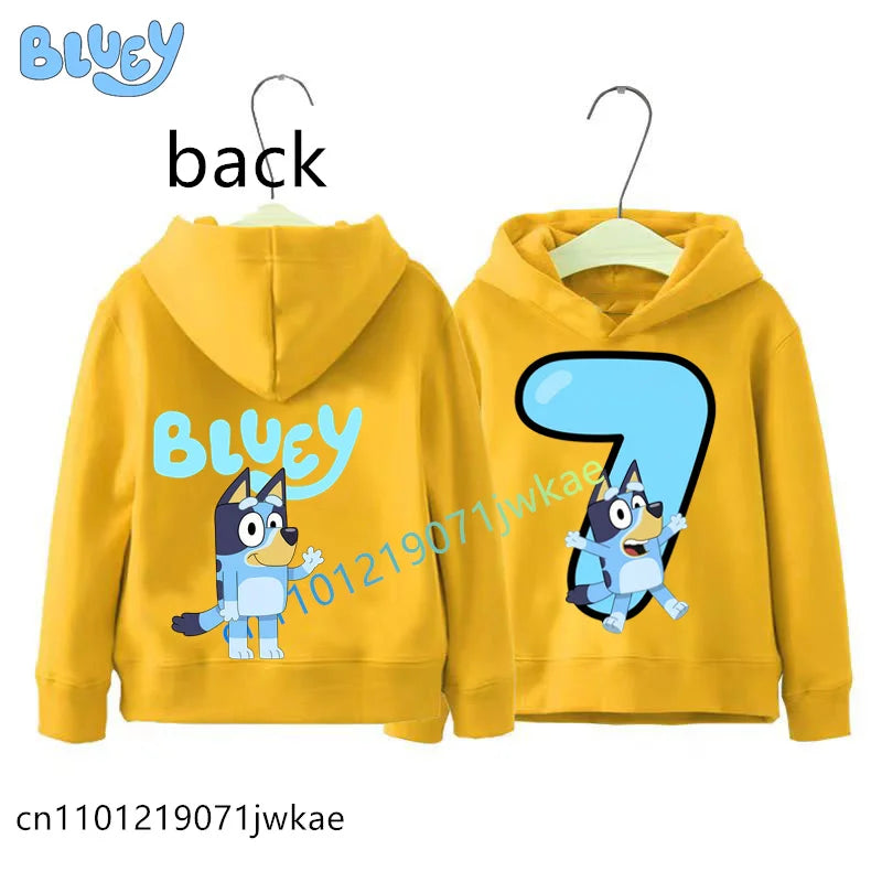 Bluey Birthday Number Print Hoodie Kids 1-9Y Front Back Design Long Sleeve Sweatshirt Boys Girls Casual Tops Birthday Party Wear