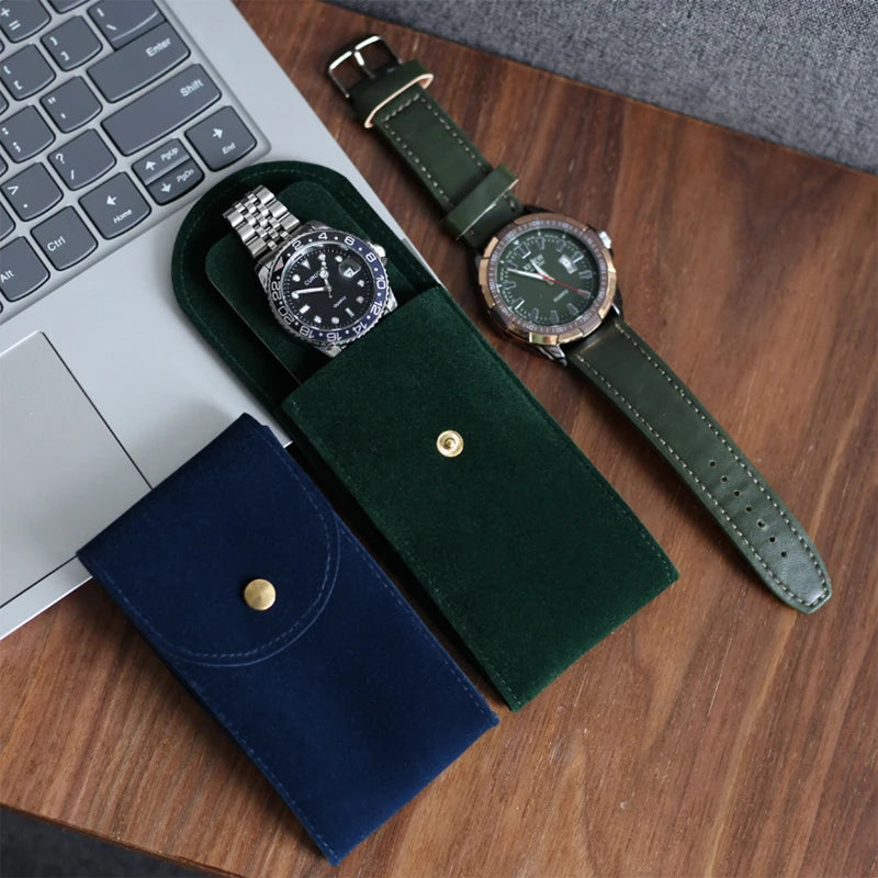 IBBETON Watch Bag Blue and Black and Brown Flannelette Gift Bag Travel Storage Case Durable Portable Watch Dust Protection Case