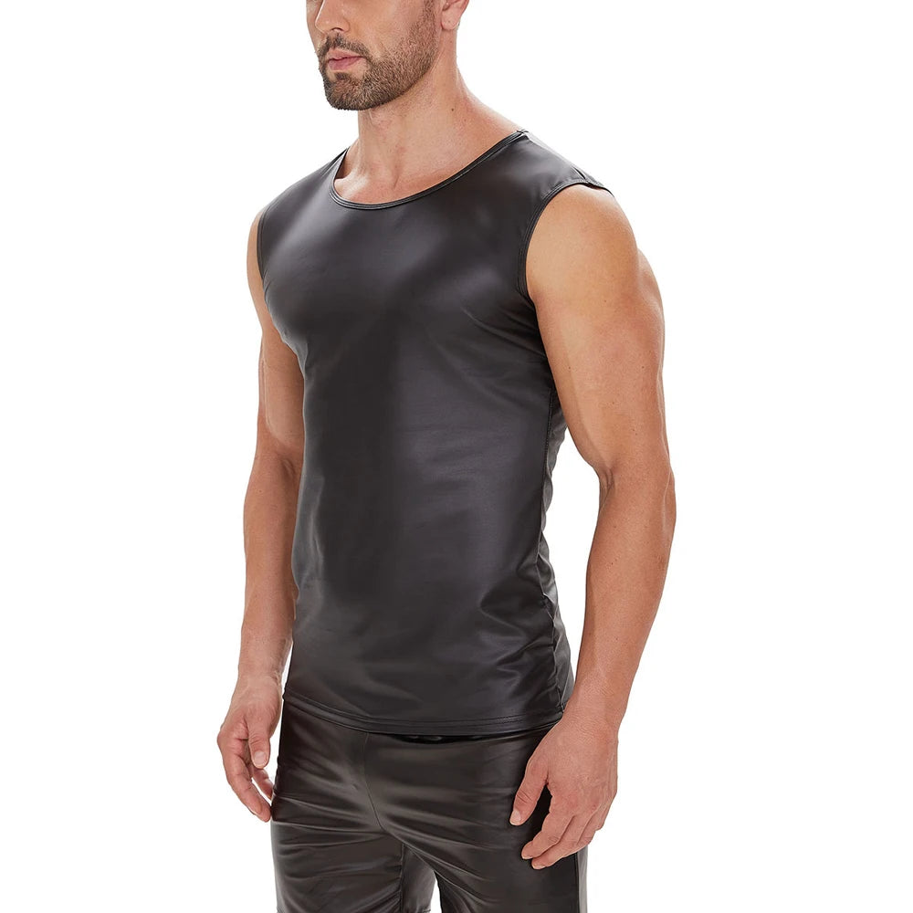S-5XL Sleeveless Matt Faux PU Leather Tank Top Men Fitness Gym Muscle Shirt Tight Bodybuilding Tanktop Hot Body Shaper Shapewear