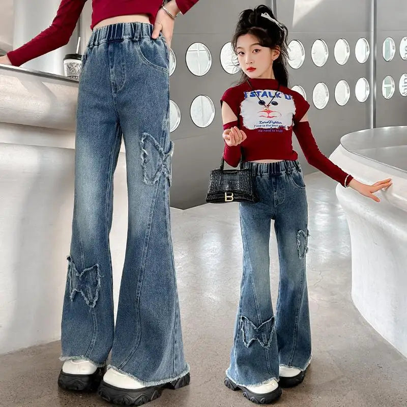 New Junior Girls Denim Pants Ins Bow Patchwork Children Girls Flared Pant Loose Elastic Waist Casual 4-14Y School Girls Trousers