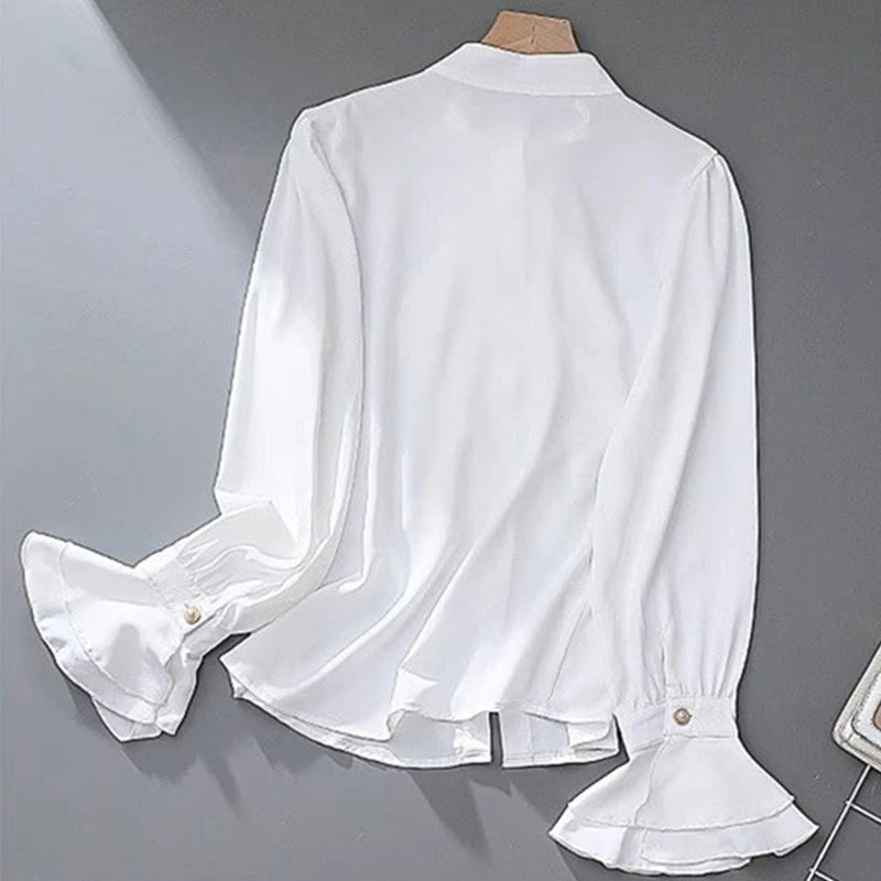 MEXZT Vintage White Shirts Women Elegant Ruffles Flare Long Sleeve Blouses Office Ladies Korean Single Breasted Design Chic Tops