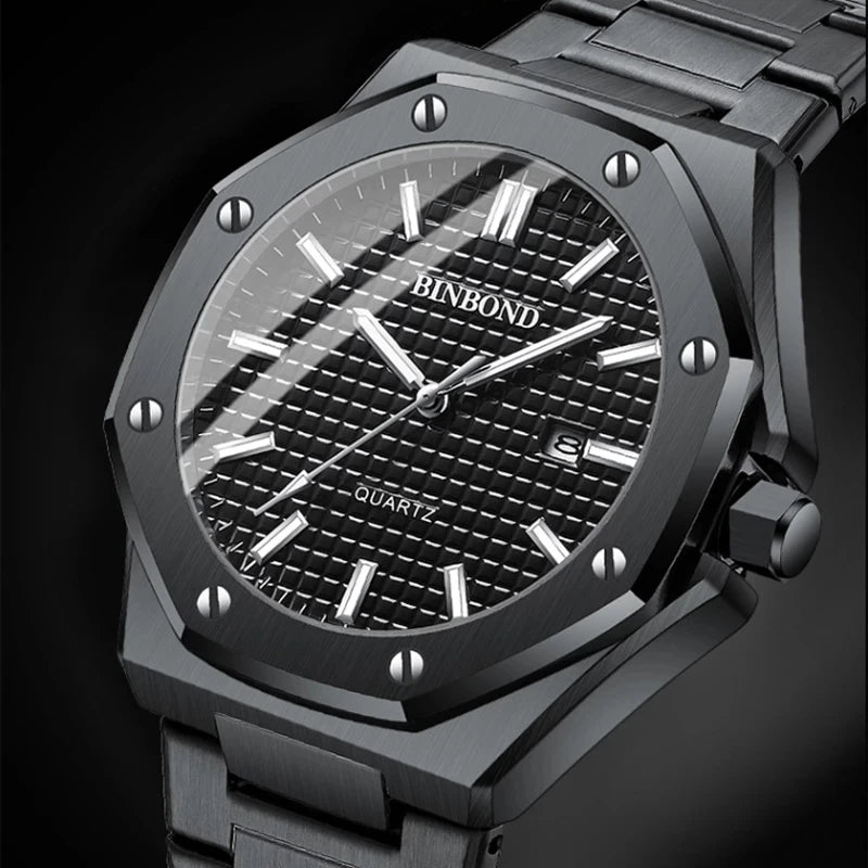 BINBOND 0233 Luxury Fashion Men's Quartz Watch Stainless Steel Large Dial Waterproof Night Light Men's Watch Clock