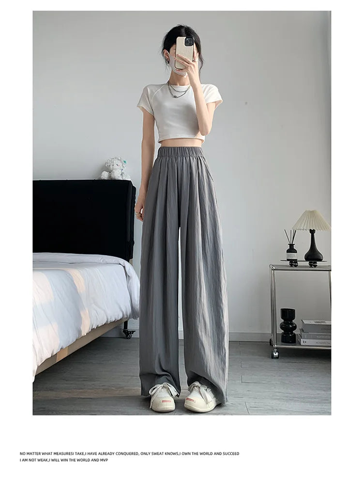 BIVIGAOS Lazy Style Loose Wide Leg Pants Women Summer Coloured Thin Casual Tide Straight Ice Silk Japanese Sunscreen Pants