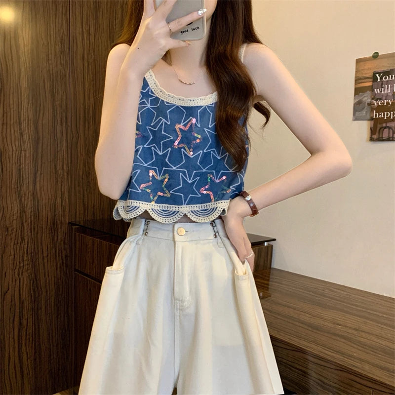 Star Embroidered Crochet Tank Top for Women Sleeveless Crop Camis Teen-girl Bohemian Spring Summer 2026 Festival Outfit
