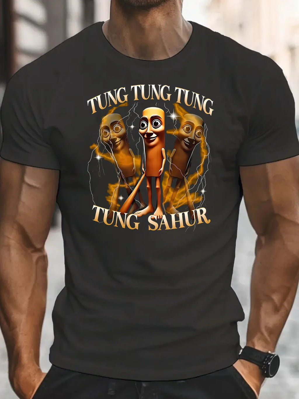 Tung Tung Tung Sahur Men's Funny Baseball Bat Italian Brainrot Graphic T-Shirt Retro Cartoon Print White Round Neck Short Sleeve
