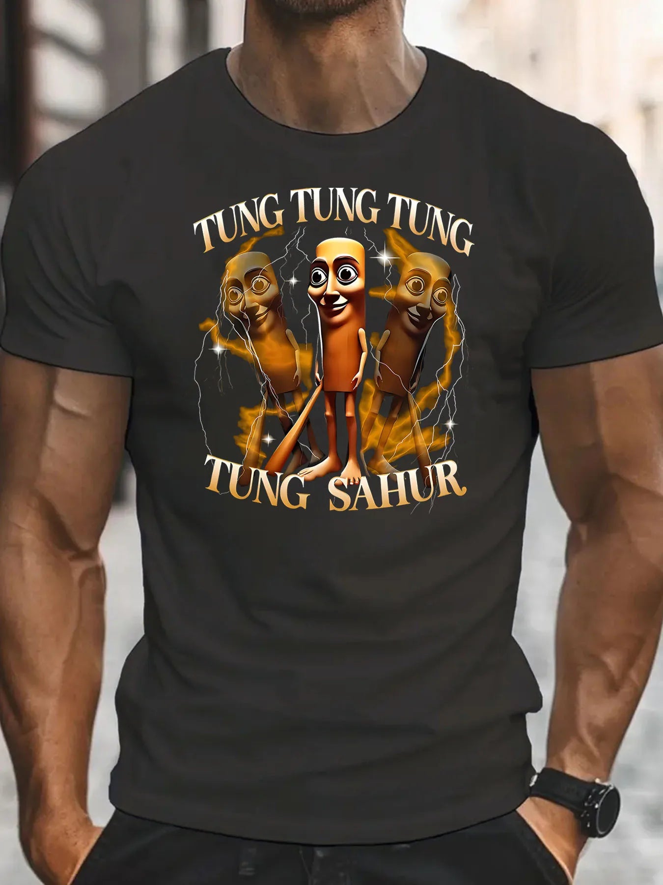 Tung Tung Tung Sahur Men's Funny Baseball Bat Italian Brainrot Graphic T-Shirt Retro Cartoon Print White Round Neck Short Sleeve