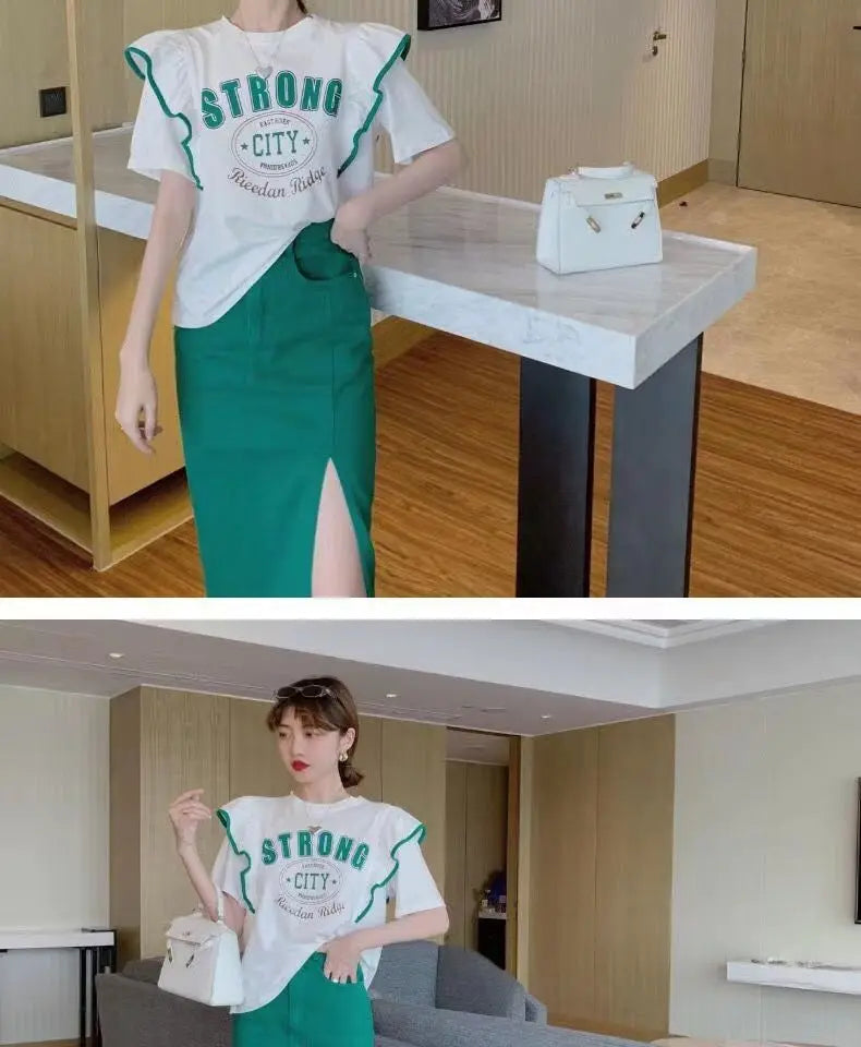 Summer 2024 Trendy Loose ort Sve T-irt Women's Top Design Sense Splicing Slimming Faionable Youthful Polyester Cotto...