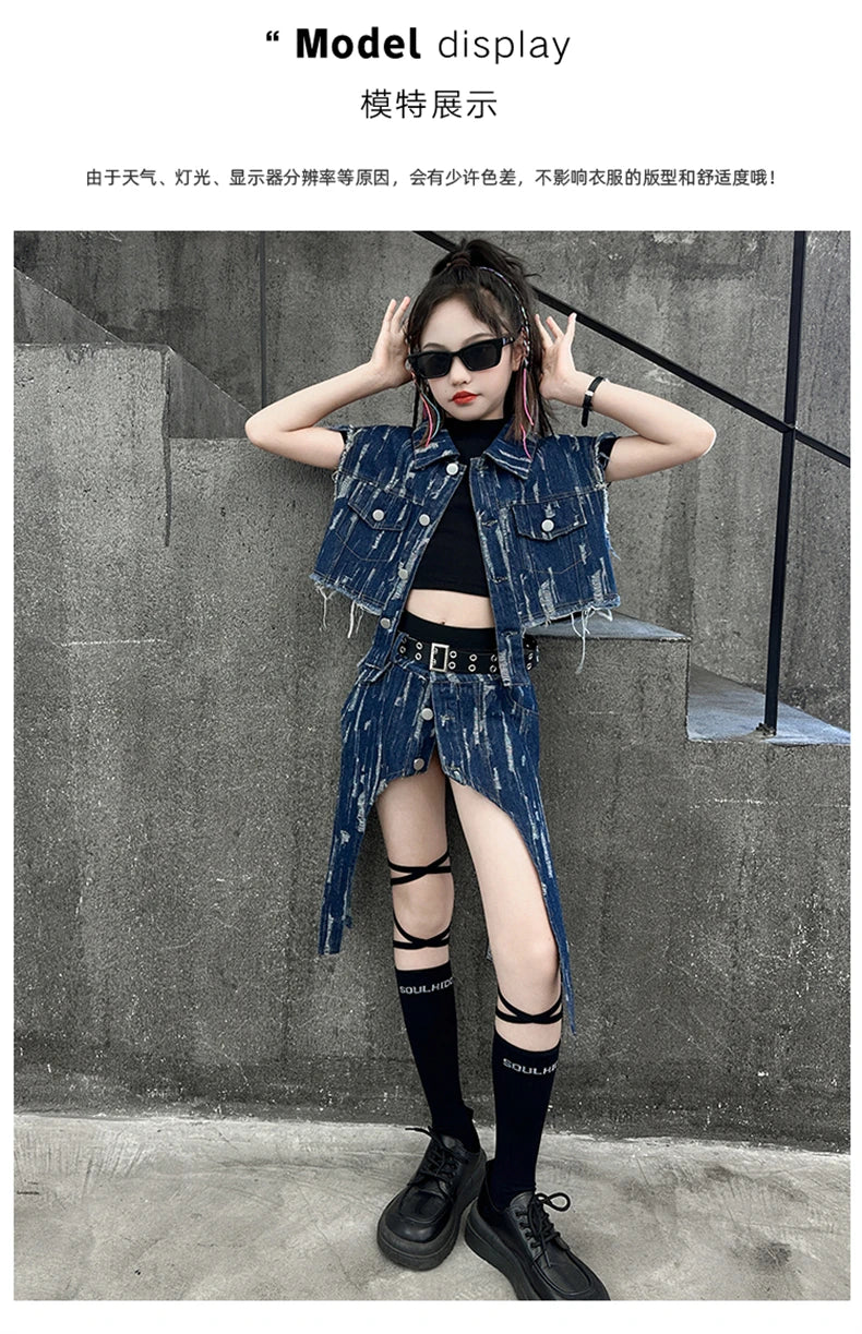 junior Girls Street Jazz Dance Set short denim vest jacket+Irregular skirt black top shorts belt teen girls clothes suit outfits