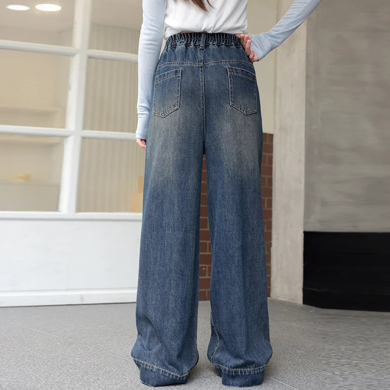 Teenager Girl Blue Jeans Fashion Retro Straight Leg Children Trousers Youth Lady Baggy Vintage Wash Casual Denim Pants Age 8-16Y