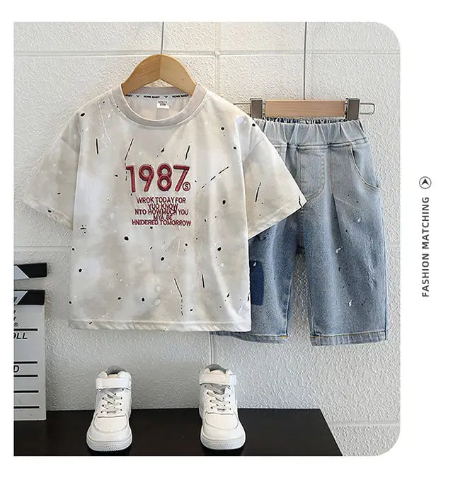 Summer Clothes Junior Boys Outfit Set Kids Outdoor Clothes for Children Letter Short Sleeve T-shirts + Denim Shorts 2 Piece Set