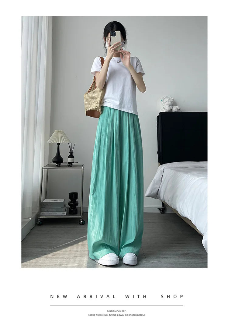 BIVIGAOS Lazy Style Loose Wide Leg Pants Women Summer Coloured Thin Casual Tide Straight Ice Silk Japanese Sunscreen Pants