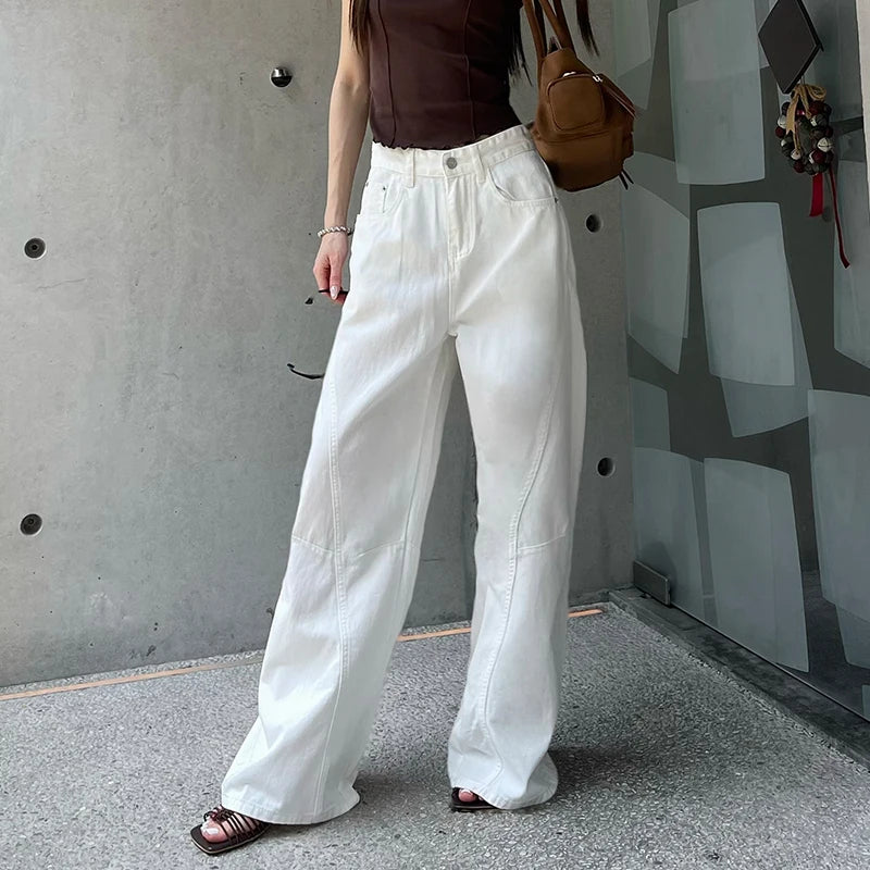 KSTUN 2025 Summer New Women's White Jeans Low Waist Wide Leg Jeans Denim Pants Losoe Fitness Girls Casual Dragging Pants Striped