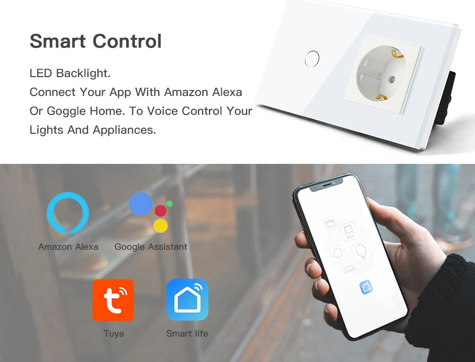Bseed EU Zigbee Touch Switch 1/2/3Gang 2Way Smart Light Switch Wall Socket USB Type-C Charge Port Tuya Google Home Alexa Control