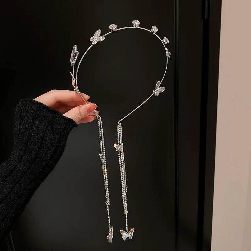 DREJEW Butterfly Hairbands for Women Rhinestone Crystal Long Tassel Chain Headband Simulated Pearl Headwear Hair Accessories